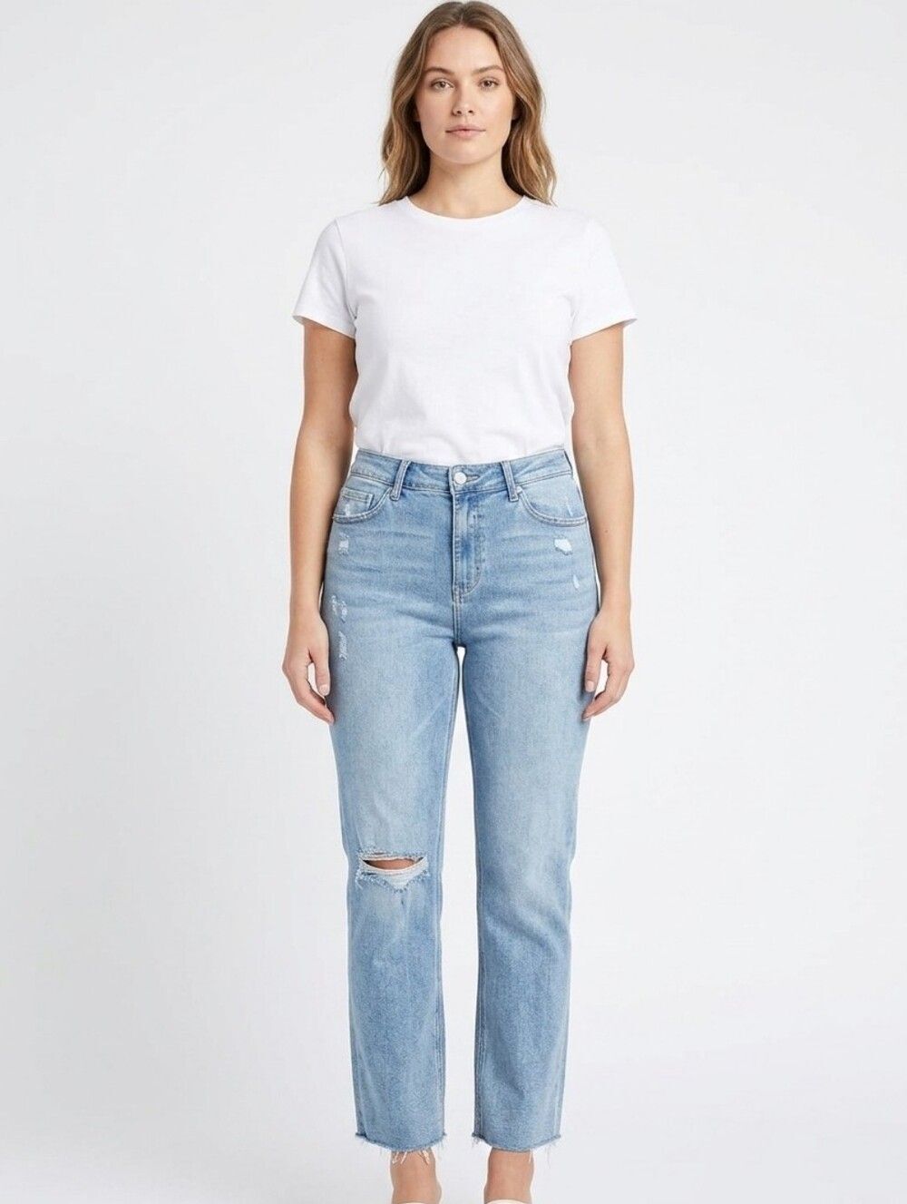 Arula Distressed Cropped Straight Leg Jeans Size 14 Frayed Raw Hem Blue Denim